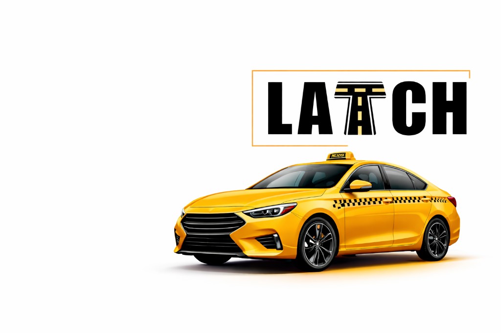 Latch yellow taxi beside the Latch wordmark